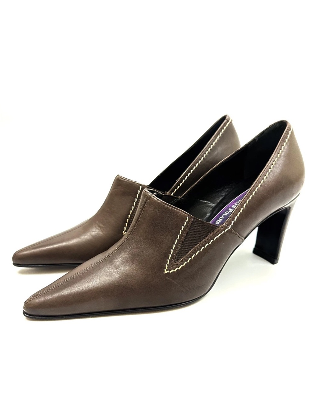 New Vintage Phyllis Poland Brown Leather Pointed Toe Heels 6.5B Made in Italy